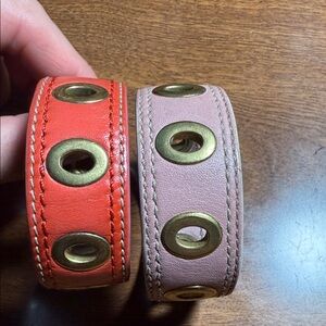 Leather Grommet Cuff Bracelet Duo - Coral & Dusty Pink